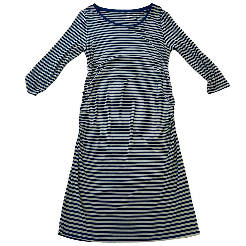 LIZ LANGE MATERNITY dress size medium blue green stripes stretchy ruching long